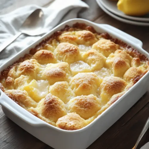 A freshly baked lemon cream cheese dump cake in a rustic white ceramic baking dish, featuring a golden, crispy top with gooey lemon filling peeking through. Placed on a wooden kitchen countertop with a linen napkin and a serving spoon beside it, creating a warm and inviting ambiance.