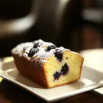 A close-up of a freshly baked blueberry pound cake slice, topped with powdered sugar and juicy blueberries, served on a white plate in a cozy café setting.