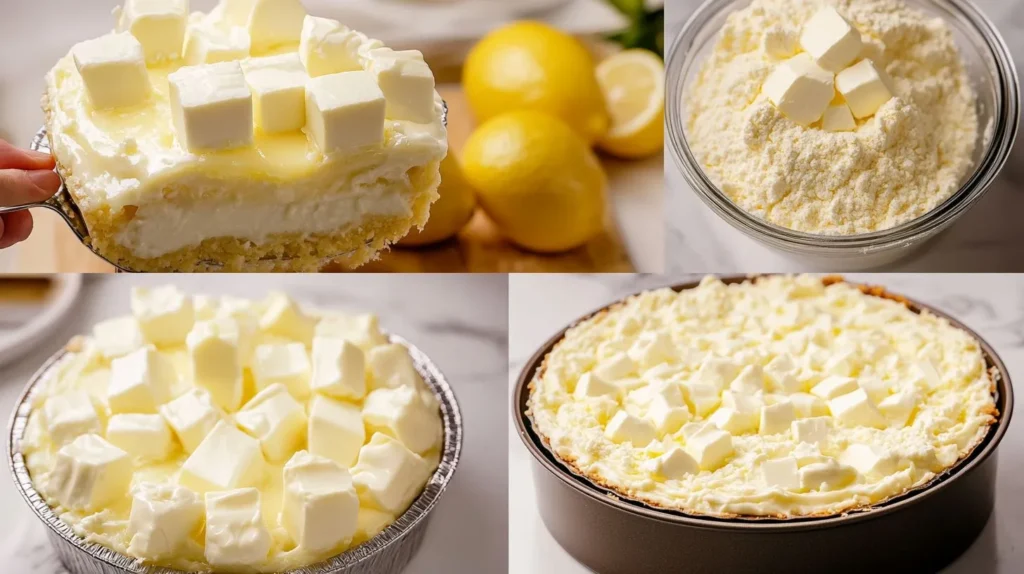 A plated slice of lemon cream cheese dump cake with whipped cream