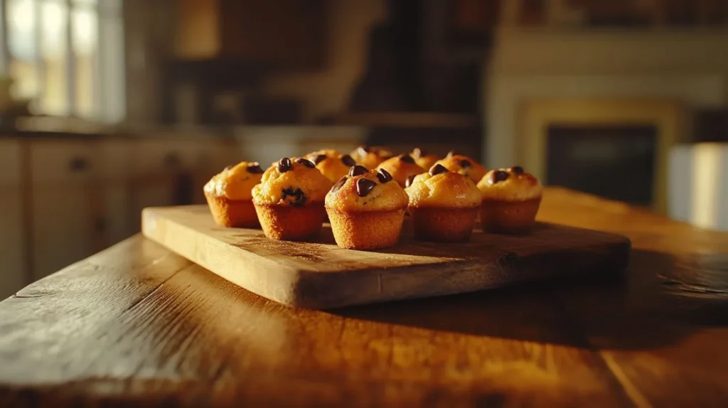 Freshly baked mini chocolate chip muffins on a wooden counter