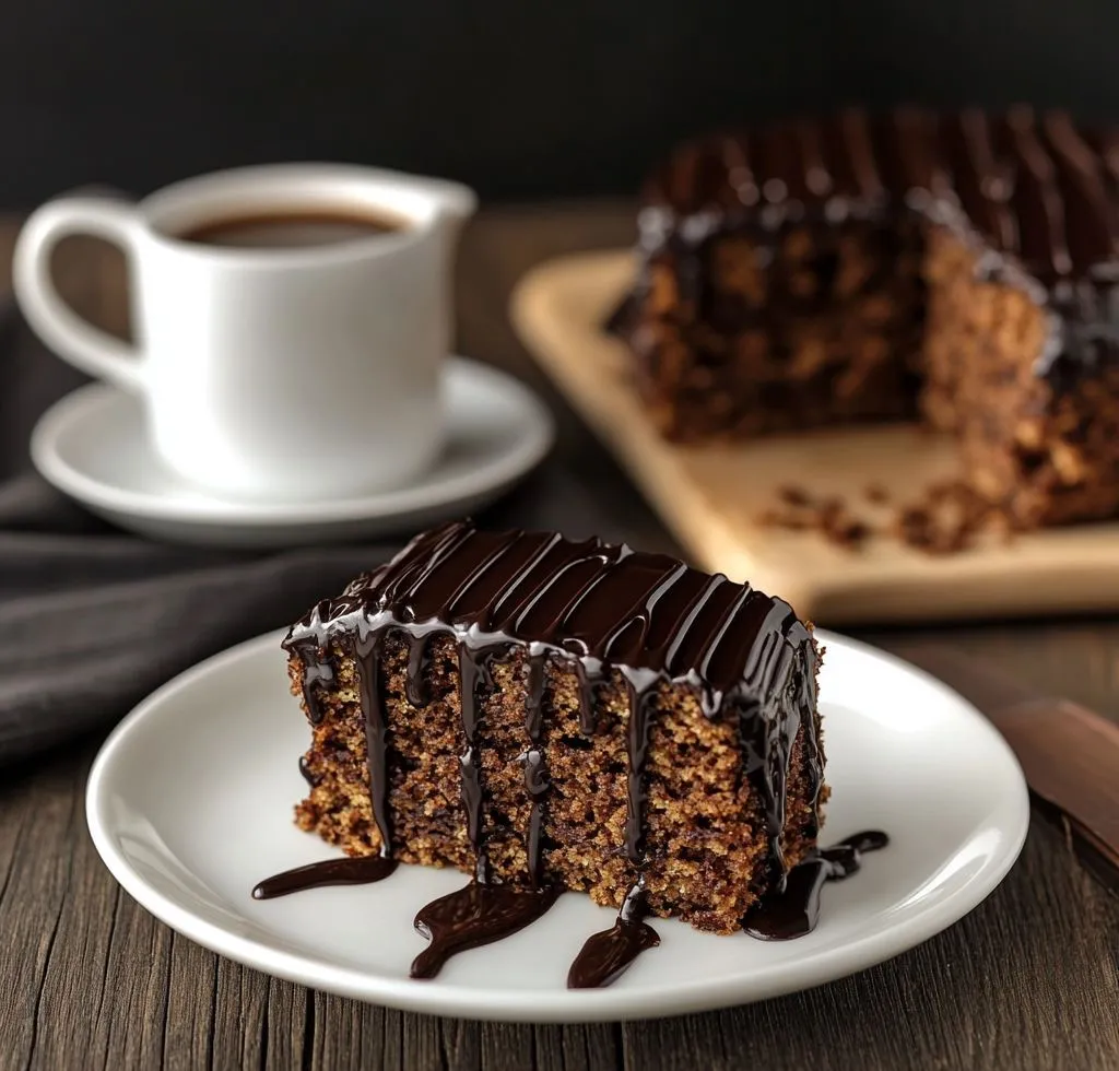 Chocolate oatmeal cake slice with ganache drizzle.