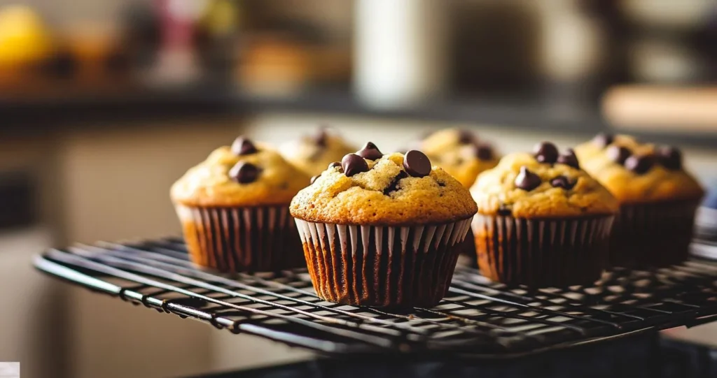 Mini chocolate chip muffins cooling on a wire rack