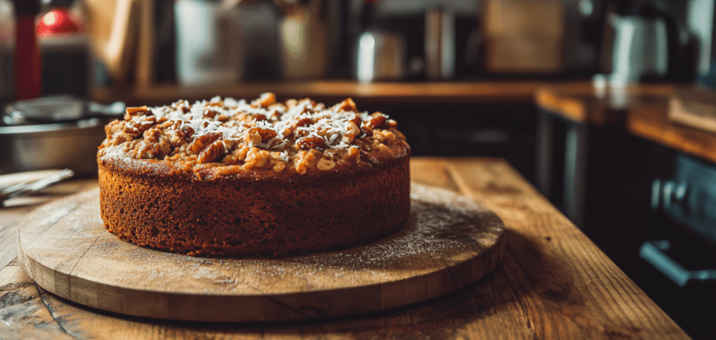 Homemade oatmeal cake with coconut-pecan frosting