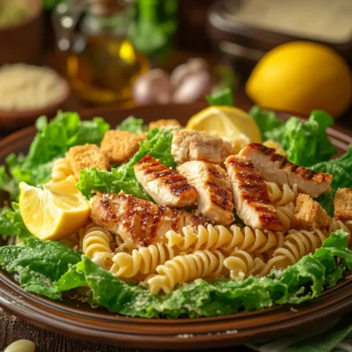 A beautifully plated Caesar pasta salad on a rustic wooden table. Twisted rotini pasta coated in creamy dressing, garnished with fresh romaine lettuce, golden croutons, grilled chicken slices, and a sprinkle of grated Parmesan. Soft natural lighting enhances the vibrant colors and appetizing textures, with a blurred background featuring kitchen ingredients like olive oil, garlic, and lemons.