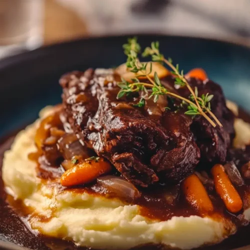 A plate of braised beef cheeks with mashed potatoes and rich sauce.