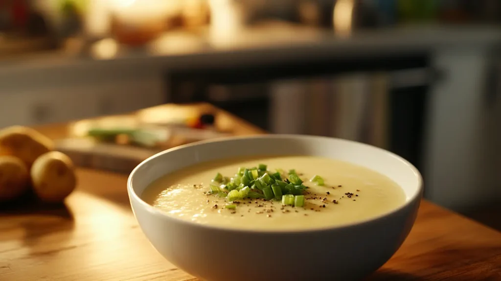 A warm bowl of creamy 4 ingredient potato soup garnished with green