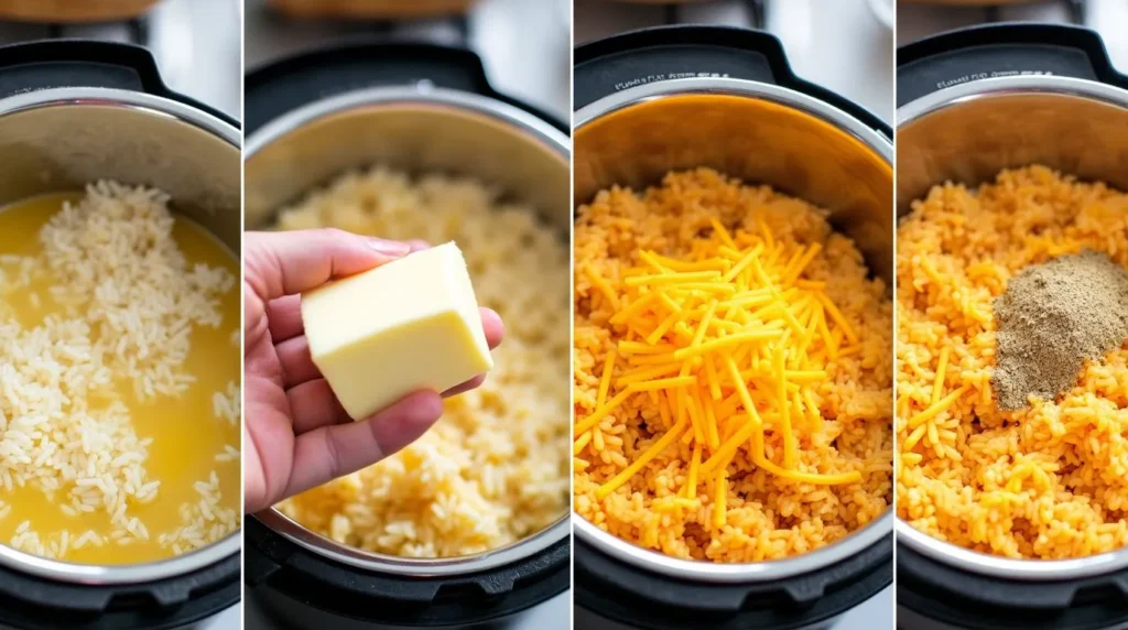 Step-by-step process of making cheesy rice on the stovetop