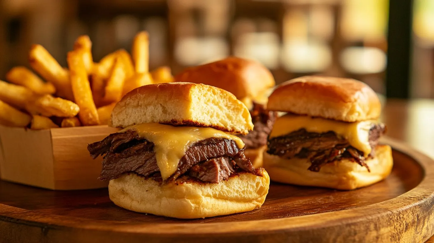 Freshly made roast beef sliders with melted cheese and fries.