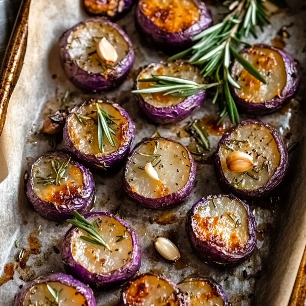 Roasted purple potatoes with rosemary and garlic.