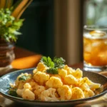 A plate of seasoned cauliflower florets garnished with fresh parsley, served on a wooden table with a glass of iced beverage in the background.