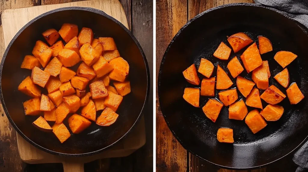 Step-by-step cooking process of sautéed sweet potatoes.