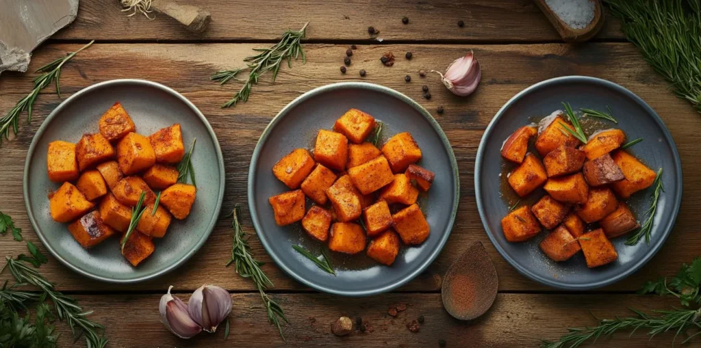 Three different flavorful variations of sautéed sweet potatoes