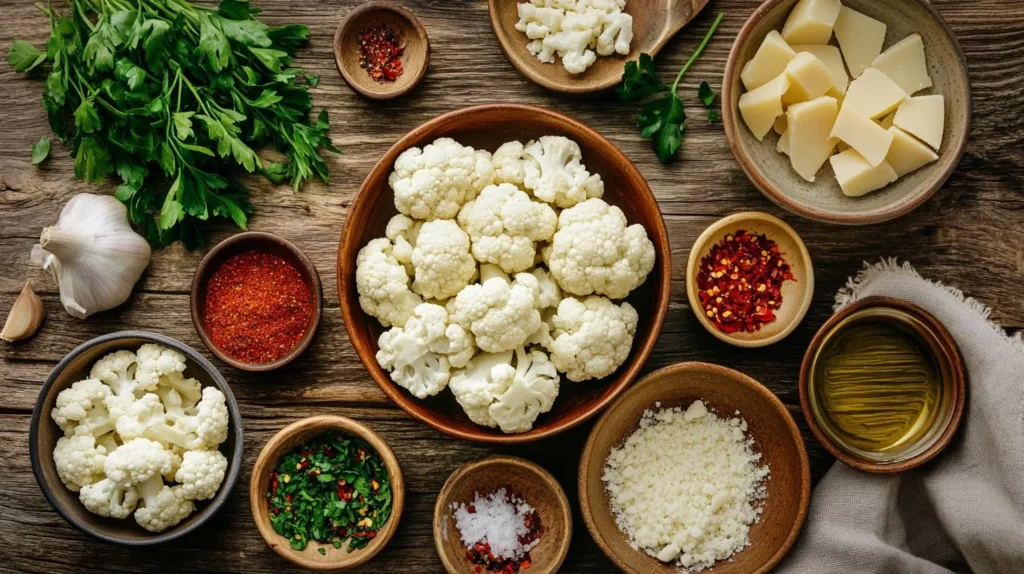 Different seasonings for sautéed cauliflower on a wooden table.