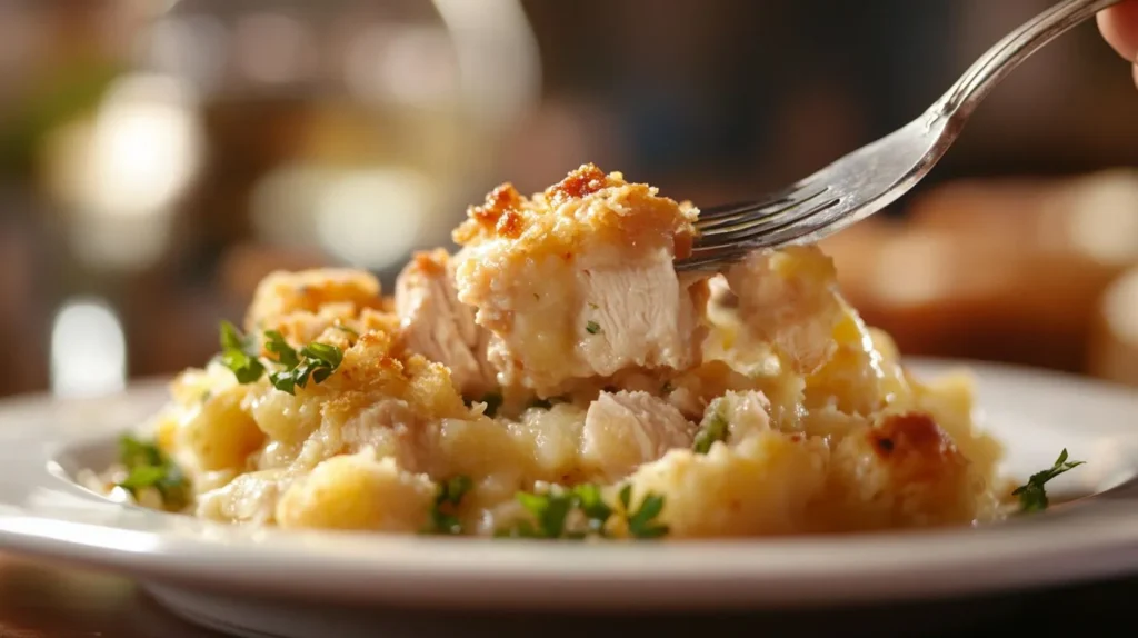 A plated serving of chicken stuffing casserole with crispy topping.