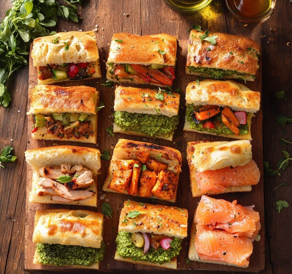 Variety of focaccia sandwiches with different fillings.