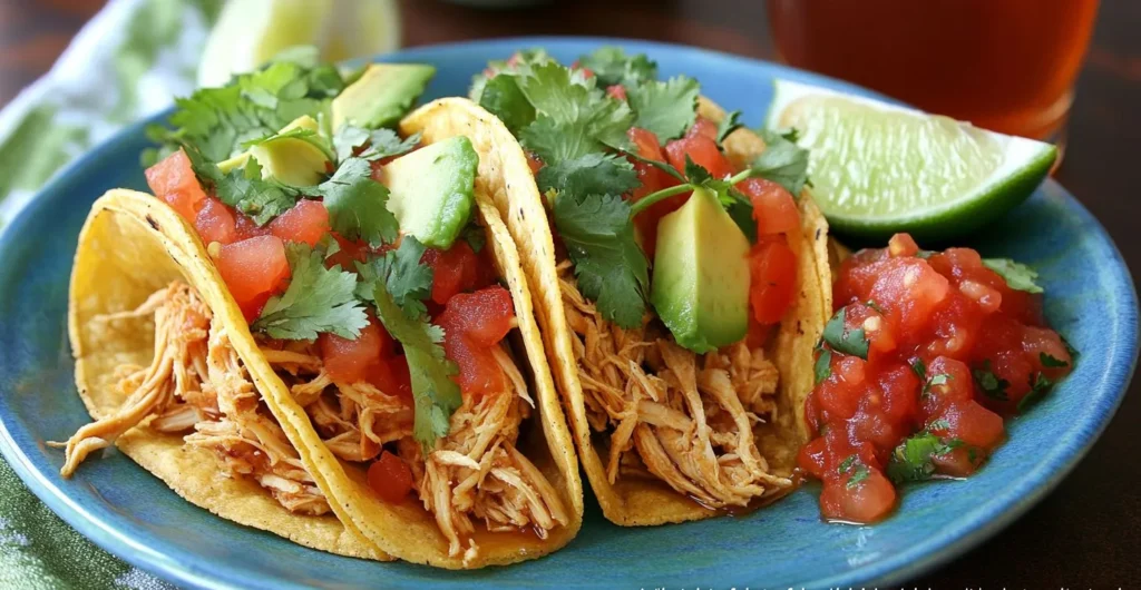 Delicious shredded chicken tacos with fresh toppings