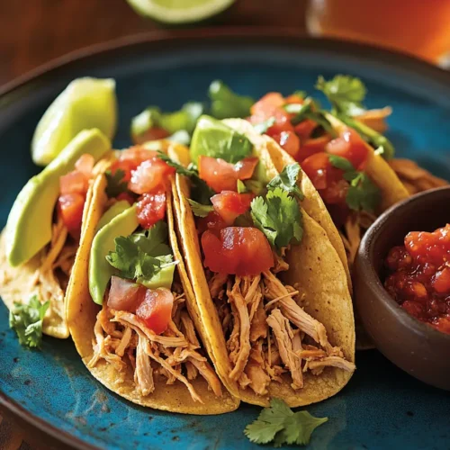A close-up of shredded chicken tacos served in corn tortillas, topped with diced tomatoes, avocado slices, fresh cilantro, and a drizzle of lime juice, accompanied by a side of salsa.