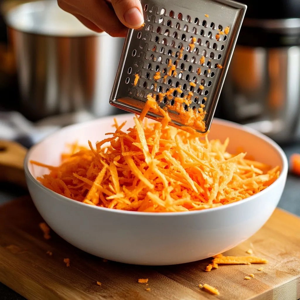 Hands shredding fresh carrots for carrot raisin salad.