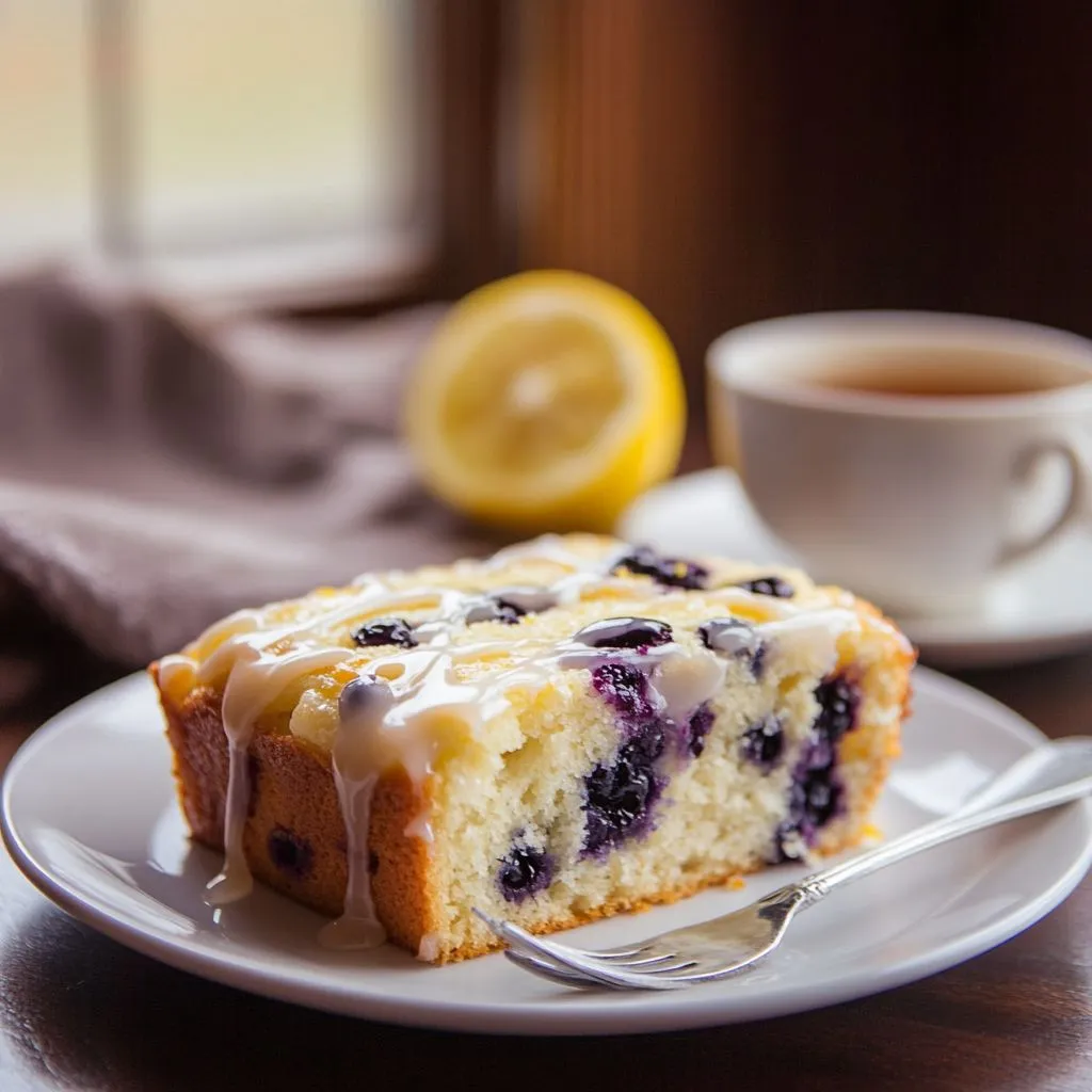 A slice of lemon blueberry bread drizzled with lemon glaze.