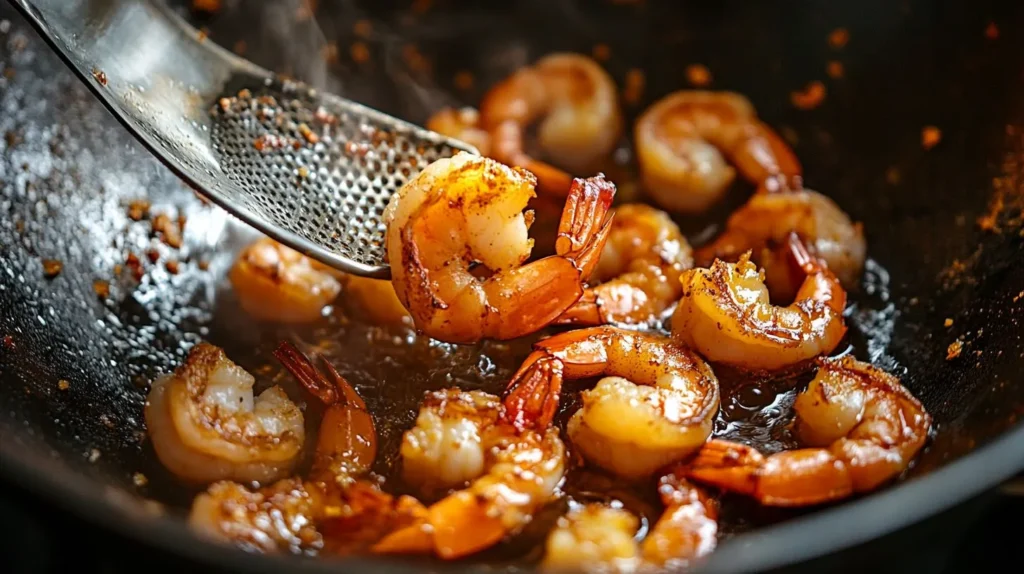 Salt and pepper shrimp frying in a wok, turning golden brown.
