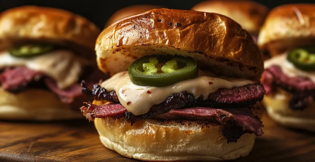 Spicy jalapeño roast beef sliders with melted cheese.