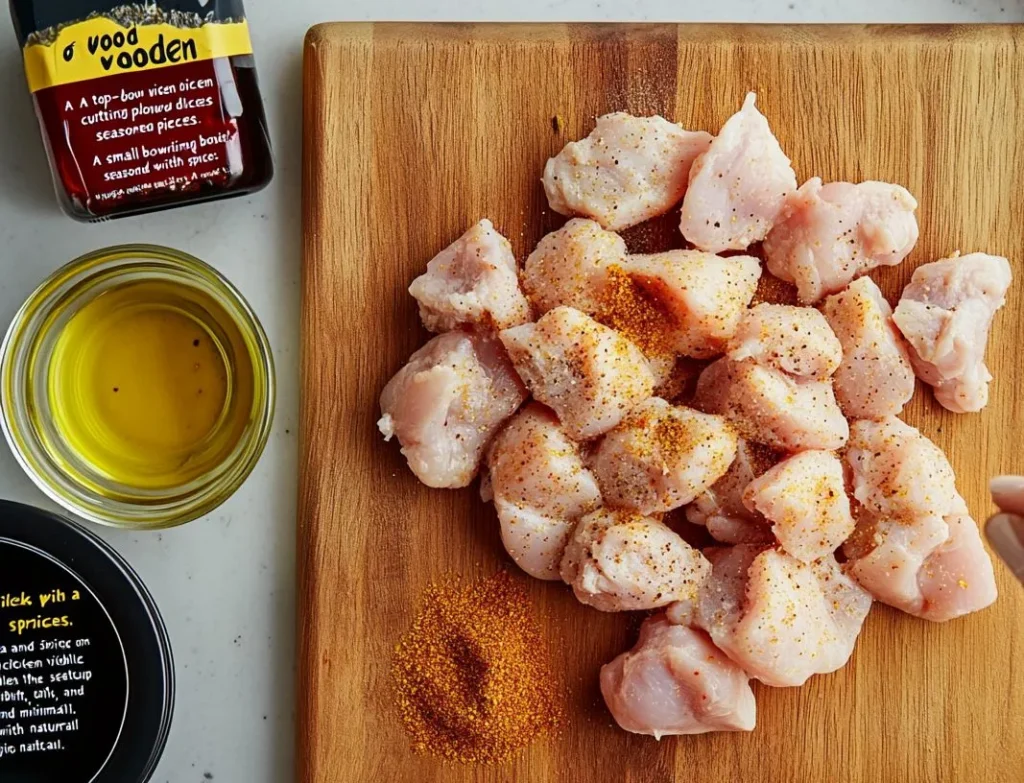 Seasoned raw chicken pieces on a wooden cutting board.