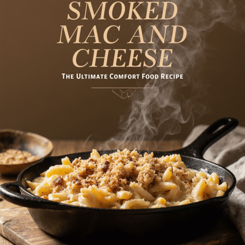 A steaming skillet of smoked mac and cheese topped with golden breadcrumbs, served on a rustic wooden board with the title “Smoked Mac and Cheese: The Ultimate Comfort Food Recipe”