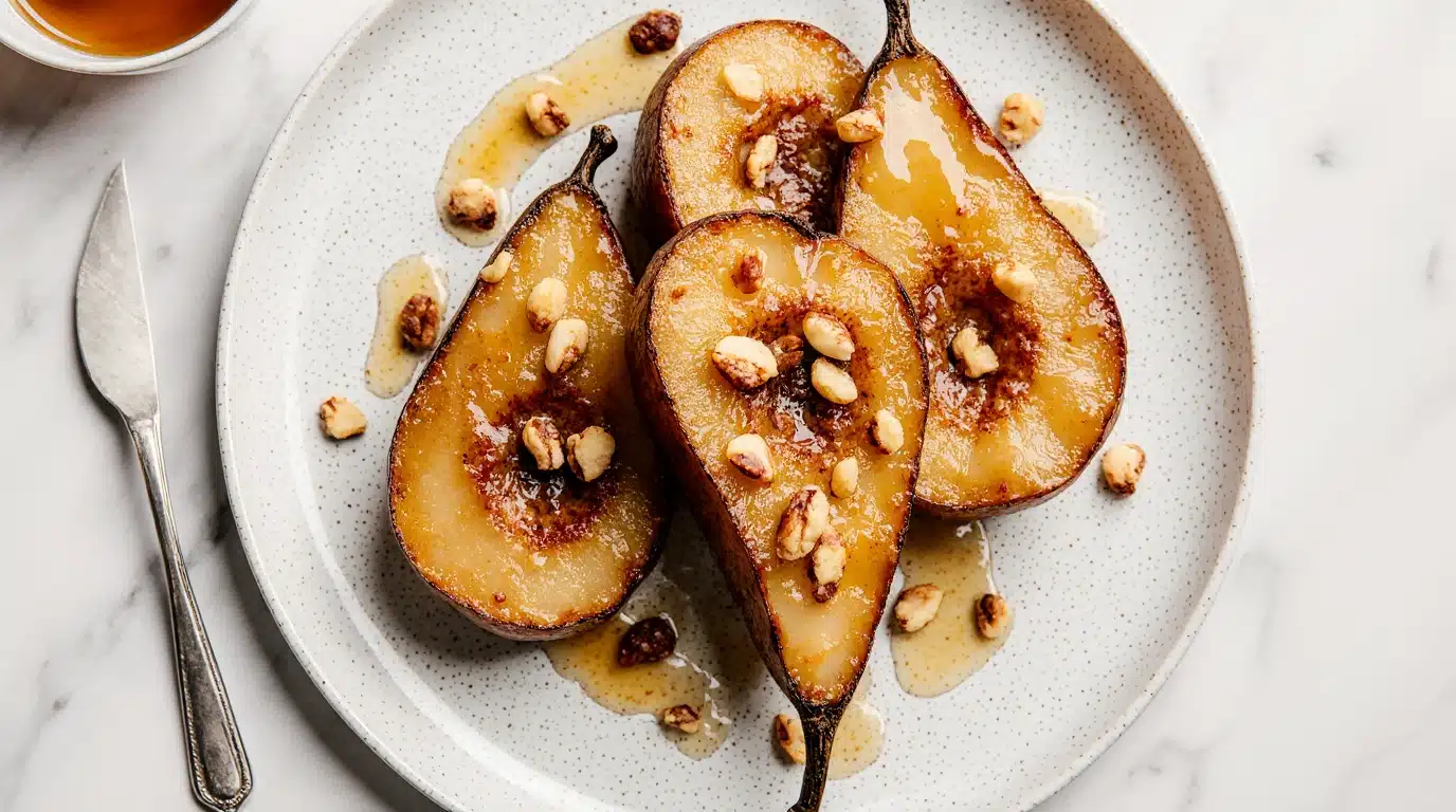 Caramelized baked pear halves drizzled with honey and topped with crunchy nuts on a speckled white plate
