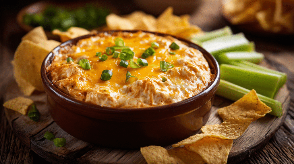 Warm bowl of buffalo chicken dip topped with melted cheddar and green onions, served with tortilla chips and celery on a rustic wooden table.