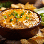 Warm bowl of buffalo chicken dip topped with melted cheddar and green onions, served with tortilla chips and celery on a rustic wooden table.
