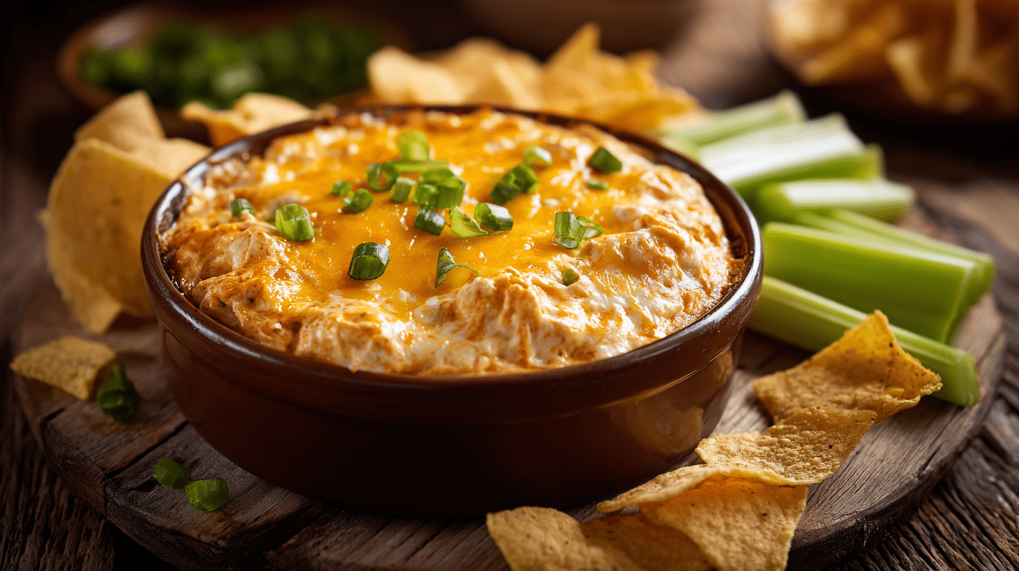 Warm bowl of buffalo chicken dip topped with melted cheddar and green onions, served with tortilla chips and celery on a rustic wooden table.