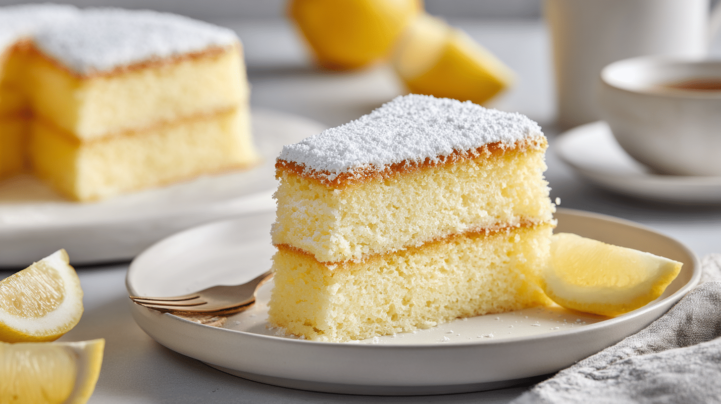 A slice of fluffy two-layer Lemon Custard Cake dusted with powdered sugar, served on a plate with fresh lemon wedges and a fork beside it.
