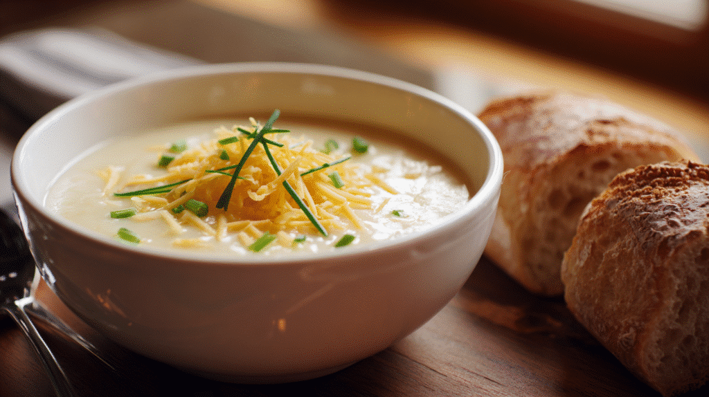 Creamy potato soup garnished with cheese and green onions in a white bowl with bread on the side.