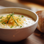 Creamy potato soup garnished with cheese and green onions in a white bowl with bread on the side.