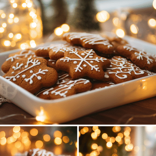 A tray of soft and chewy gingerbread cookies decorated with white icing in festive holiday patterns, surrounded by warm golden Christmas lights. The cookies include stars, trees, and classic shapes, all beautifully frosted and arranged on serving trays for a cozy holiday atmosphere.