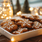 Decorated gingerbread cookies on a holiday tray with warm lights in the background.