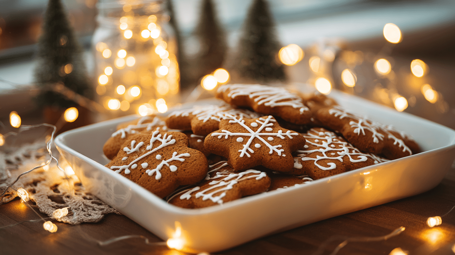 Decorated gingerbread cookies on a holiday tray with warm lights in the background.
