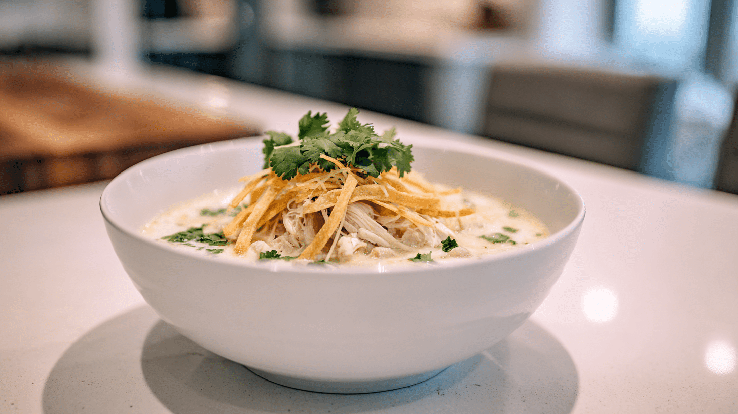 Modern bowl of creamy white chicken chili with toppings on a bright kitchen counter.