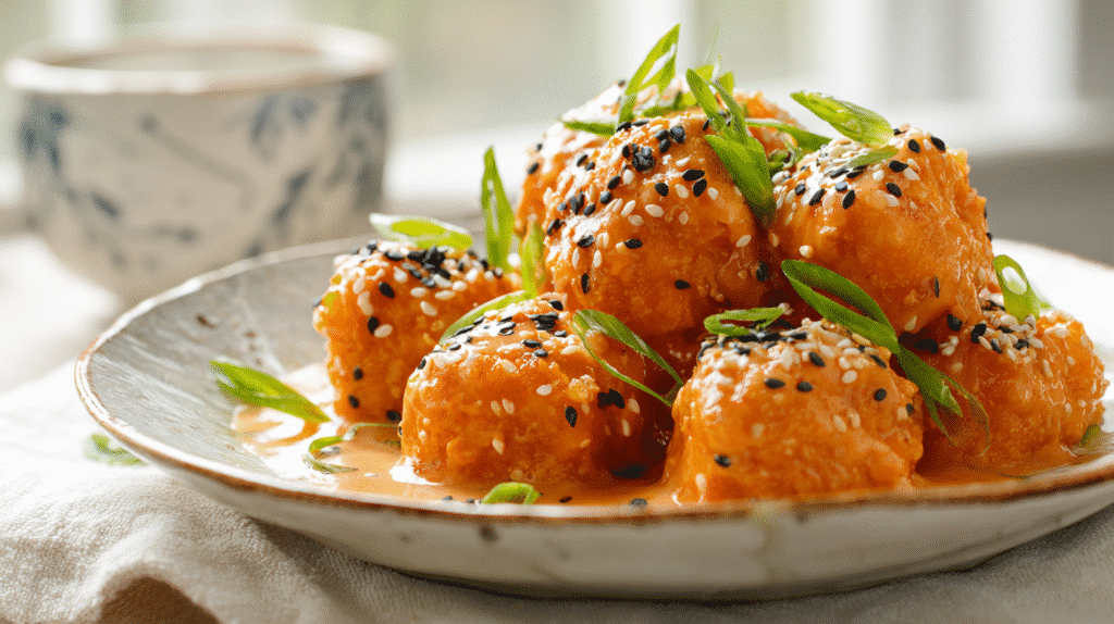 Bang Bang Salmon Bites served over rice with lime and green onions.