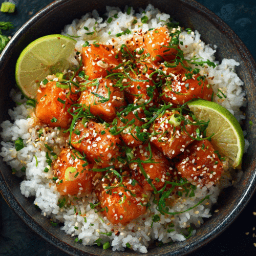 Crispy golden salmon bites coated in creamy bang bang sauce on a plate with green onions.