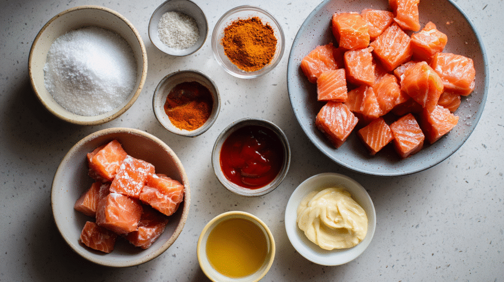 Salmon cubes, spices, cornstarch, sauces, and garnishes arranged neatly on a table.