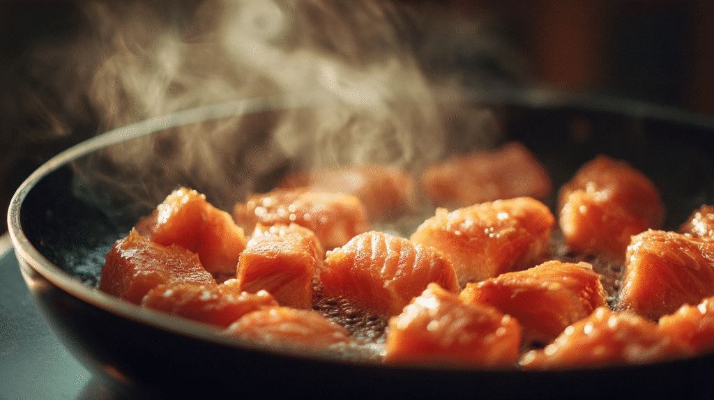Salmon cubes, spices, cornstarch, sauces, and garnishes arranged neatly on a table.