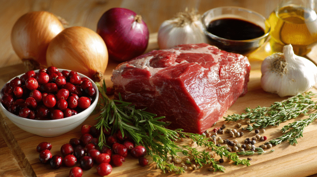 Ingredients for slow braised beef with cranberry balsamic glaze
