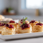 Brie & Cranberry Pastry Bites arranged neatly on a modern white platter in a bright kitchen setting.