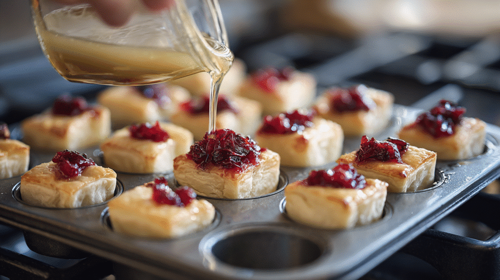 Step-by-step preparation showing puff pastry in a muffin pan, Brie cubes added, cranberry sauce spooned on top, and finished golden bites resting in the pan.