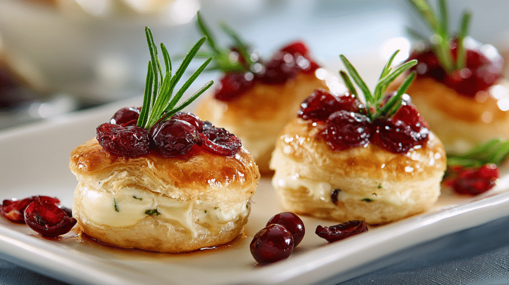 Warm Brie and cranberry pastry bites served on a white plate with a sprig of rosemary on a modern dining table.