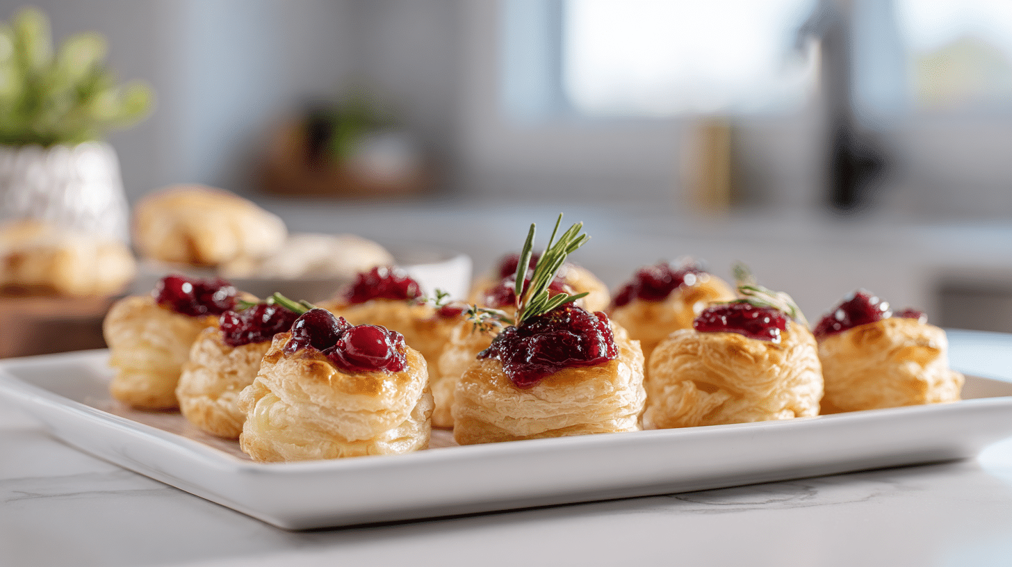 Brie & Cranberry Pastry Bites arranged neatly on a modern white platter in a bright kitchen setting.