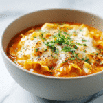Creamy lasagna soup served in a modern white bowl with melted cheese.