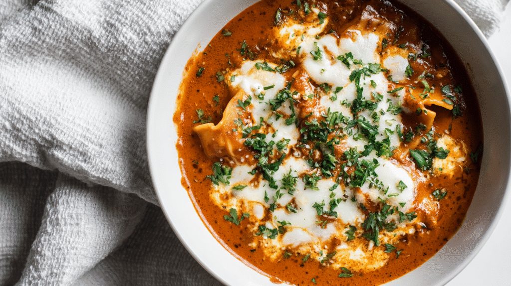 Bowl of creamy lasagna soup topped with cheese and herbs.