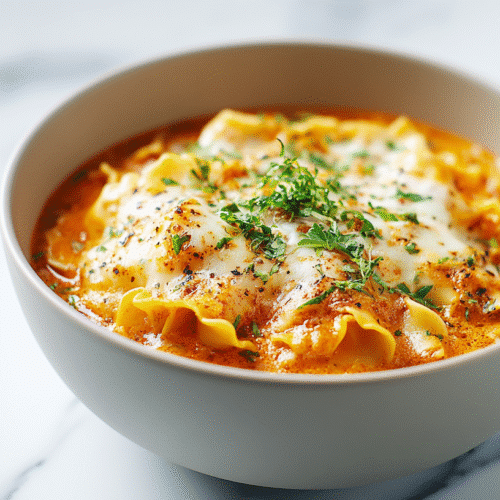 Creamy lasagna soup served in a modern white bowl with melted cheese.